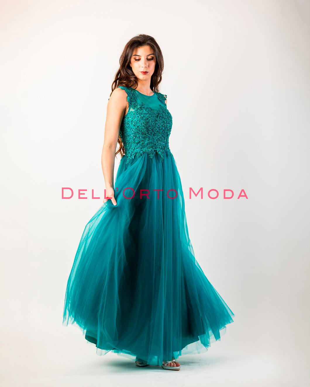 VERDE OTTANIO abito tulle corpetto ricamato